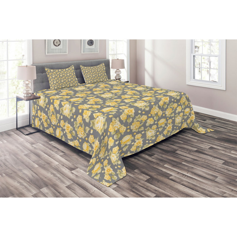 Polyester Floral Coverlet, King Bedspread + 2 Shams, Yellow Floral 1