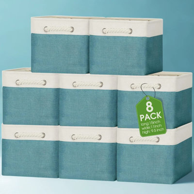 Paquet de 8 bacs de rangement pliables avec poignées, paniers en tissu pour tablettes, organisateur de placard en lin et en polyester pour serviettes, jouets et livres, 15 x 11 x 9,5 pouces, blanc cyan