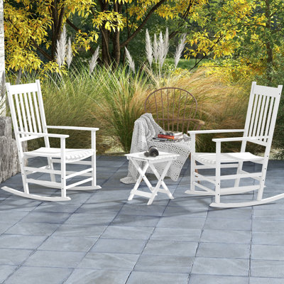 White Outdoor Rocking Chair Of 2 With Side Table. Patio Wooden Chairs Relaxing & Tall Back. Suitable For Garden, Balcony, Porch. Can Support 352 Lbs 2 Table, Mesmerizing And High Back, Bears Lbs,