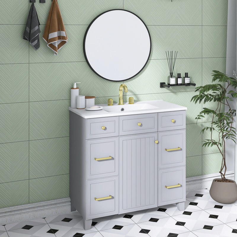 36 pouces Meuble-lavabo gris avec lavabo en céramique | Structure en bois massif | Portes à fermeture en douceur | Tablettes réglables | 3 tiroirs | Comprend un tiroir à double profondeur pour le rangement du sèche-cheveux