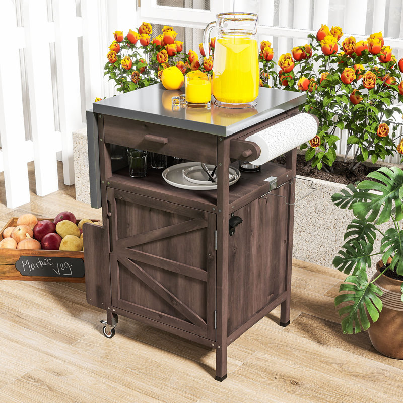 Chariot de barbecue extérieur roulant avec plateau en acier inoxydable, armoire de rangement, abattant, tiroir et support à épices