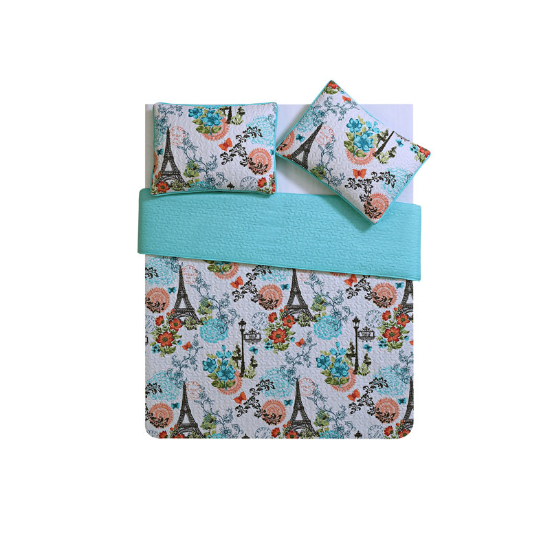 Eiffel Blue Reversible Microfiber Full Quilt Set