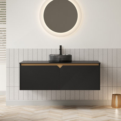 Meuble-lavabo 48 po avec lavabo, armoire de rangement flottante murale en contreplaqué, portes doubles en sergé avec garniture en métal, lavabo rond en verre noir transparent et plateau en pierre frittée noire, noir