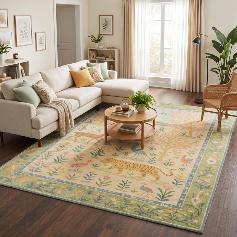 Machine Washable Boho Animal & Floral Area Rug Non-Slip Backing Green/Beige/Pink Carpet for Living Room, Bedroom, Kids Room, Nursery