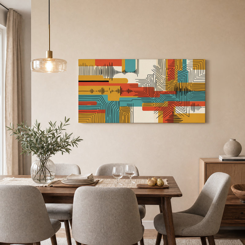 Tableau abstrait sur toile représentant des vagues et des lignes géométriques dans les tons moutarde et turquoise
