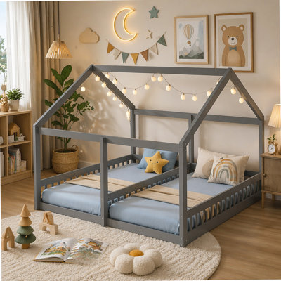 House Platform Beds for Shared Spaces, Twin Size Design with Guardrails, Roof and Window for Safety and Fun