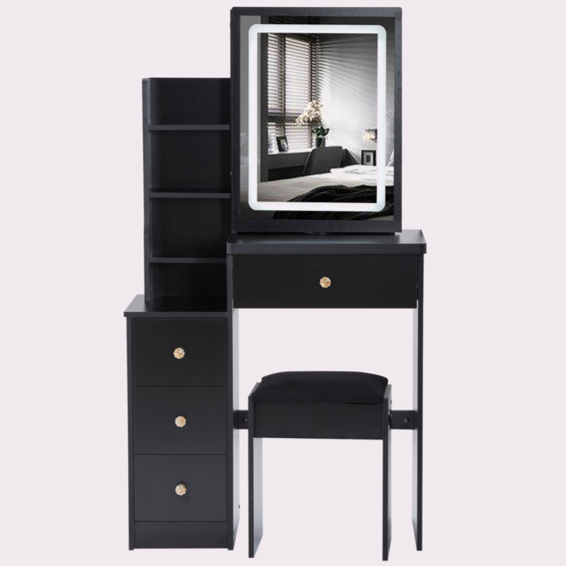 29.2" Small Size Left Bedside Cabinet Vanity Table + Cushioned Stool, Large Sliding, Touch Control, Tri-Color Switching, Brightness Adjust LED Mirror, High Capacity Storage, Suitable For Small Space