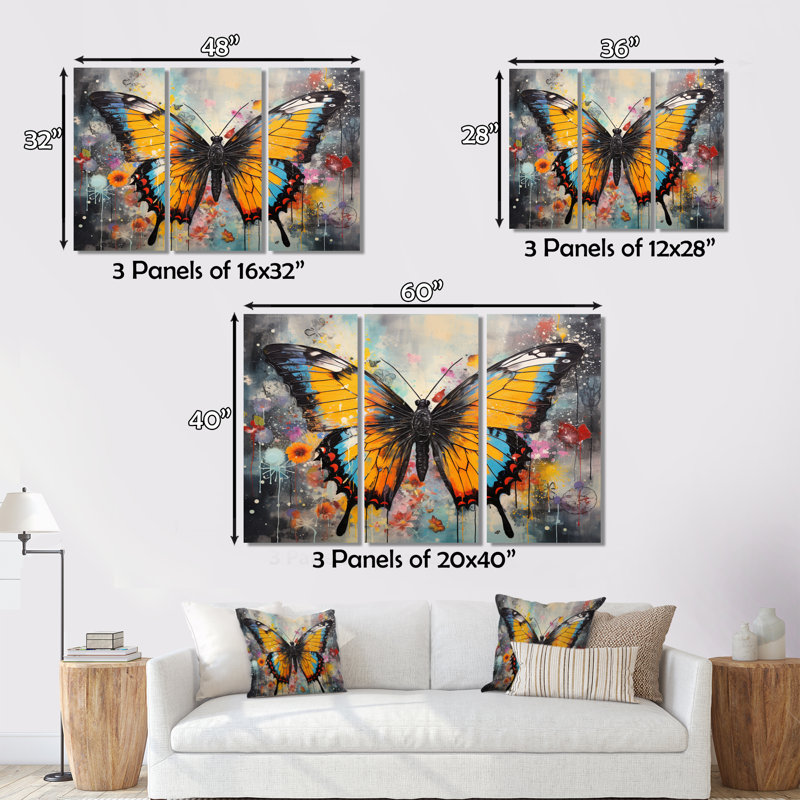 Papillon orange sarcelle, couleurs dansantes sur toile, 3 pièces, H 28 po x l 36 po x P 1 po