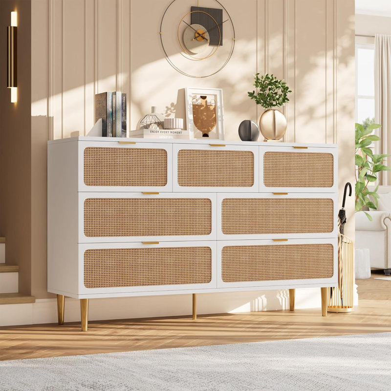 Rattan 7 Drawer Dressers for Bedroom, Tall Dresser with Deep Drawers, White
