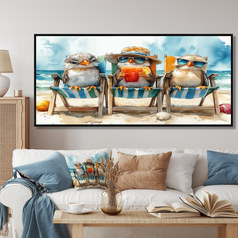 Canari sur la plage, chaise longue - Reproduction d'art mural animal côtier, Toile avec cadre flottant noir