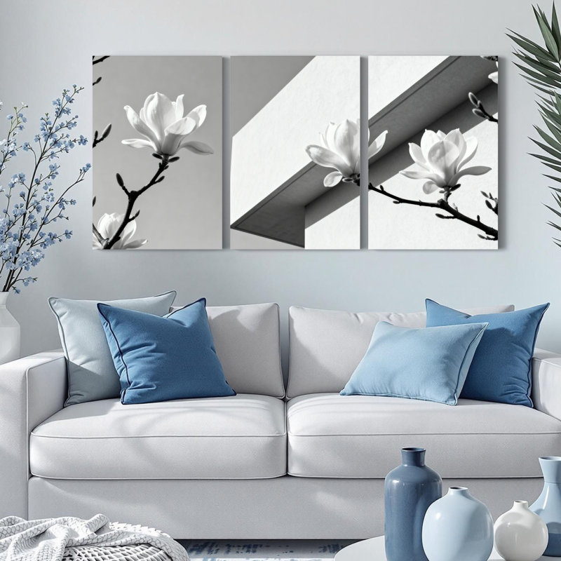 Ensemble de 3 tableaux abstraits de fleurs de magnolia en noir et blanc sur toile tendue, pour la décoration du salon, de la chambre et de la maison.