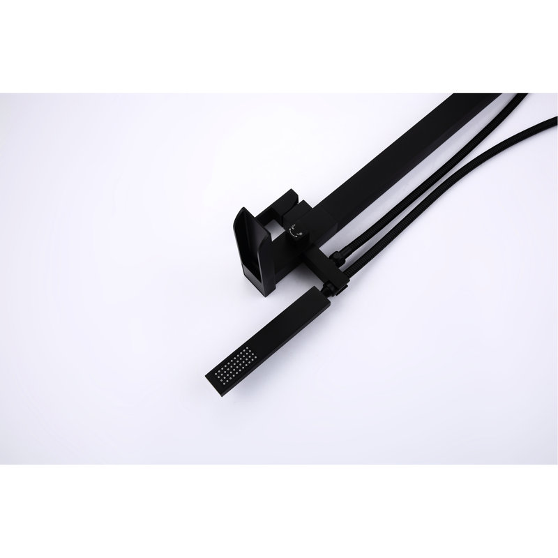 Stainless Steel Tub Faucet With Handheld Shower And Waterfall-Style Spout - Matte Black, High Flow, Rust & Corrosion , Freestanding For A Comfortable Bathroom Flow Filler Black Steel, Waterfall