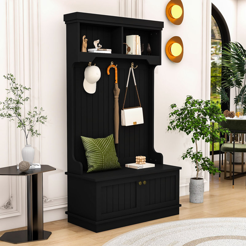 Multifunctional Hall Tree with Hooks, Shoe Bench, Storage Cabinet, Black