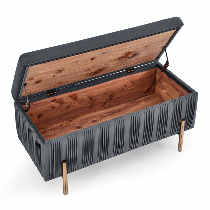 Banc de rangement en velours avec placage en bois de cèdre, gris