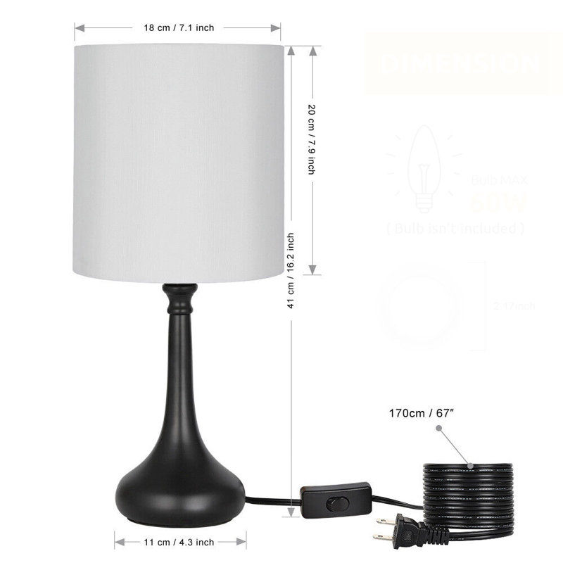 Bedside Table Lamps Line Fabric Lampshade Metal Lamp Base, White, Black, 15.5" H x 7.3" W x 7.3" D
