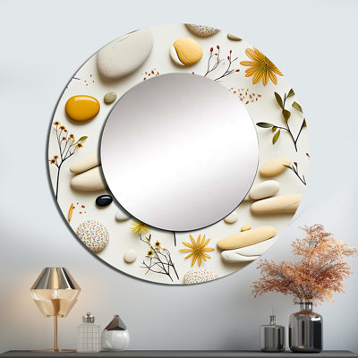 Motif zen serein de pierres pour spa - miroir décoratif botanique, miroir mural rond jaune, impression d'art en métal