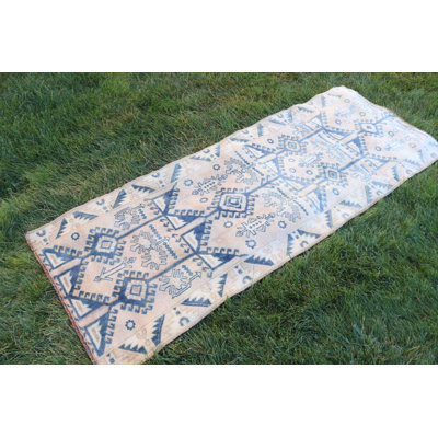 Vintage Anatolian Wool Rug in Boho Style Perfect for Corridor Decor with Exquisite Blue Hue