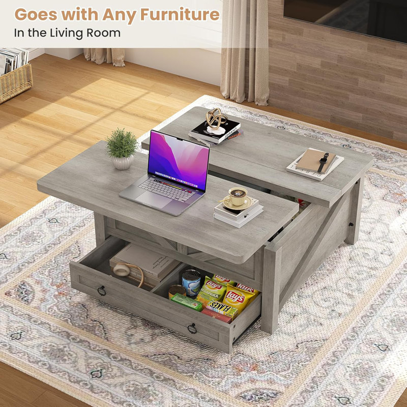 Gray Square Wood Lift-Top Coffee Table with Storage