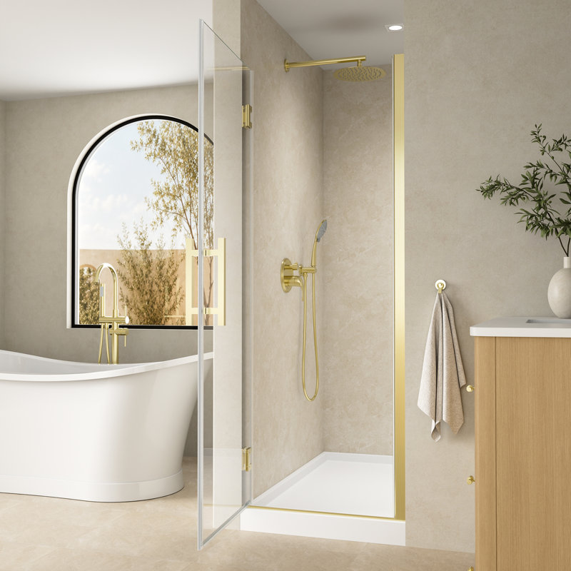 Porte de douche à charnière sans cadre de l 25 à 26 po x H 72 po avec verre trempé certifié SGCC, or brossé, Or brossé
