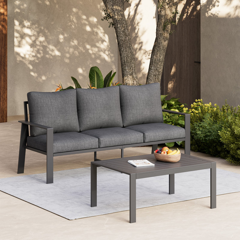 Canapé d'extérieur en aluminium avec table basse rectangulaire, Gris