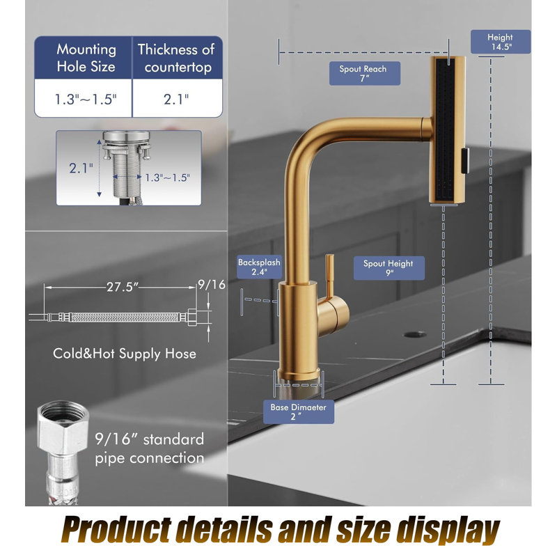 Modern Single Hole Commercial Kitchen Faucet - Waterfall Design & Pull Down Sprayer Sink Faucet, Gold, No Sensor