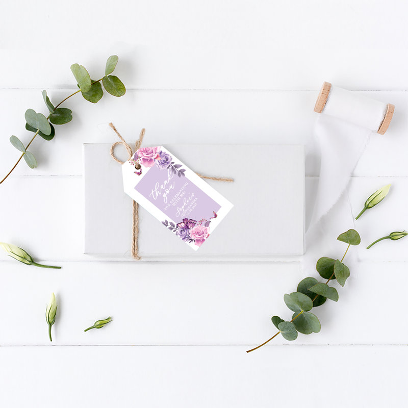 Étiquettes personnalisées personnalisables avec corde, papillons lilas, étiquettes-cadeaux classiques, paquet de 40