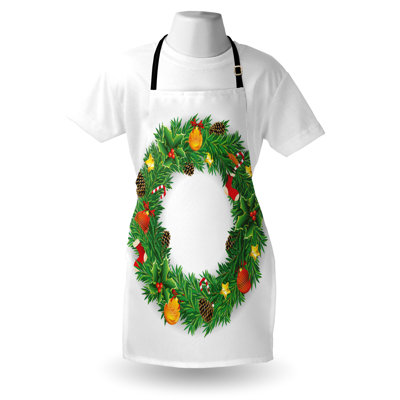 Loel East Urban Home Christmas Apron Unisex, Evergreen Wreath Art, Adult Size, Green White