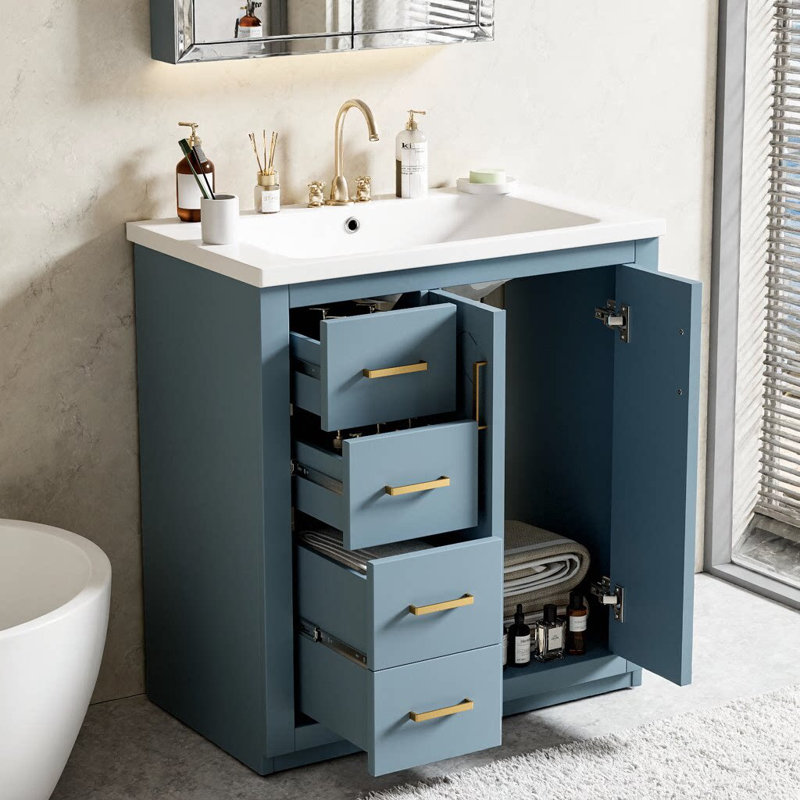 Meuble-lavabo autoportant avec poignées en métal pour salle de bain 30 po avec lavabo en céramique - structure en bois massif, 3 tiroirs à fermeture en douceur et 2 portes à fermeture en douceur