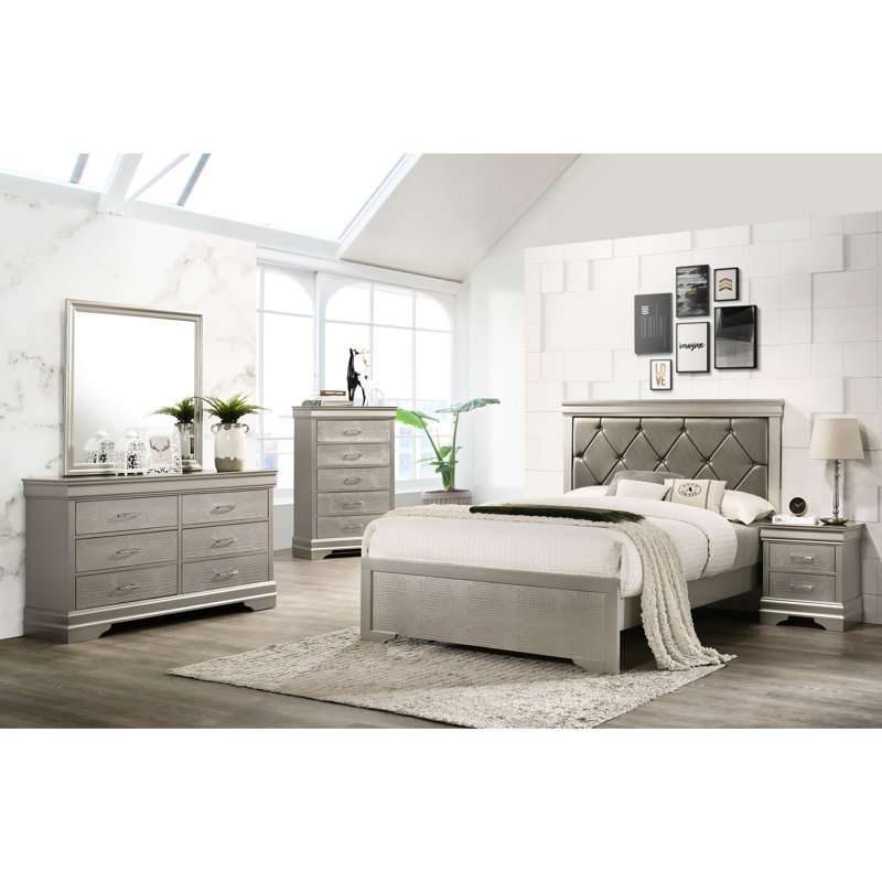 Lit double en bois avec tête de lit à texture de crocodile et cadre revêtu de champagne beige, Lit double