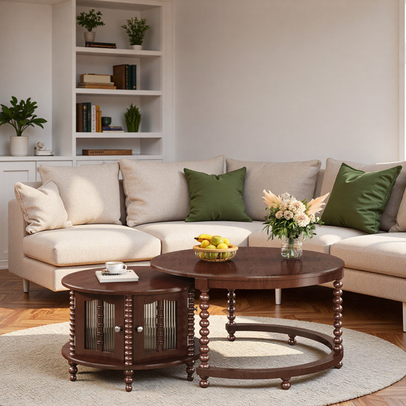 Table basse ronde emboîtable avec portes décoratives en verre en forme de bambou, pieds rétro perlés et espace de rangement