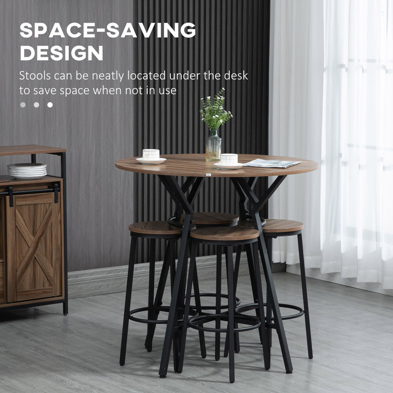 Industrial 5-Piece Bar Table and Chairs Set, Space Saving Dining Table with 4 Stools for Pub