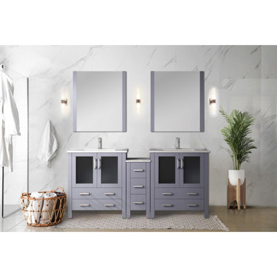 Double Bath Vanity 72 In. W, Dark Grey Tint, With Side Cabinet, White Ceramic Top, Solid Wood Frame, Soft - Close Functionality, 2 Cabinets And 7 Drawers, Stain Surface Wide Bathroom Frame Structure,