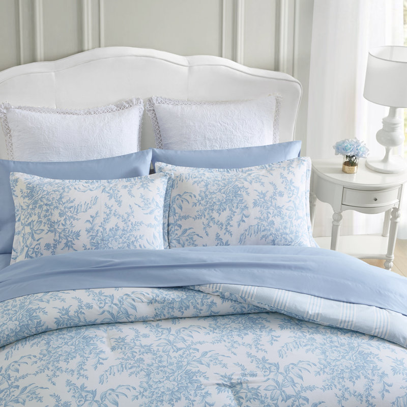 Laura Ashley Bedford Reversible Cotton Blue Comforter Set Queen Comforter  Standard Shams