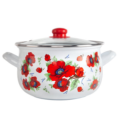 Traditional Vintage Country Style Enamel Belly Deep Casserole with Glass Lid