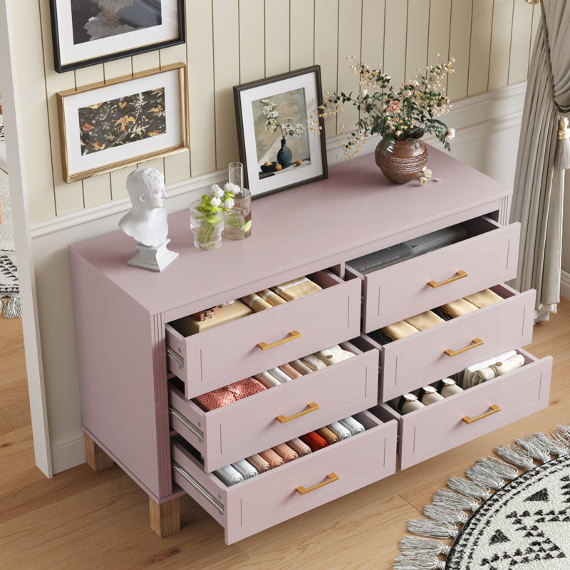 Commode double 6 tiroirs en blanc, rangement moderne Alesia avec poignées en métal et pieds en bois massif, organisateur en bois robuste pour enfants et adultes