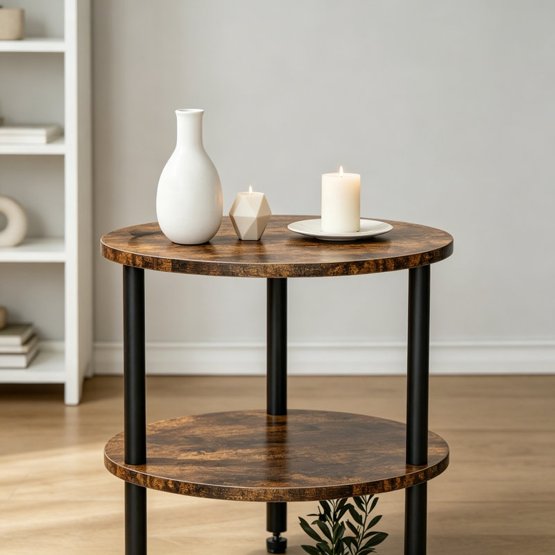 Petit ensemble de 2 tables de bout rondes à 3 niveaux avec design rétro industriel, table de chevet robuste pour la chambre à coucher, le salon ou les petits espaces