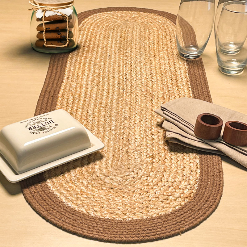 VERONA JUTE BORDER ROUND TABLE RUNNER, 13" x 36", Natural/Brown