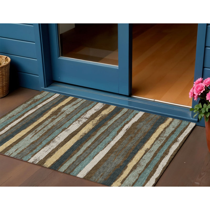 3' X 5' Brown Beige And Green Striped Washable Indoor Outdoor Area Rug