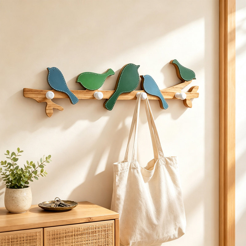 Crochet mural décoratif en bois naturel couleur oiseau, pour manteaux et chapeaux, idéal pour la maison et les commerces., A