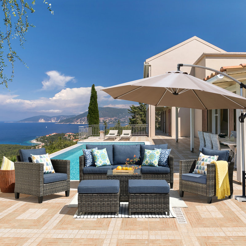 GRST Wicker 7 - Person Patio Conversation Set with Cushions, Blue