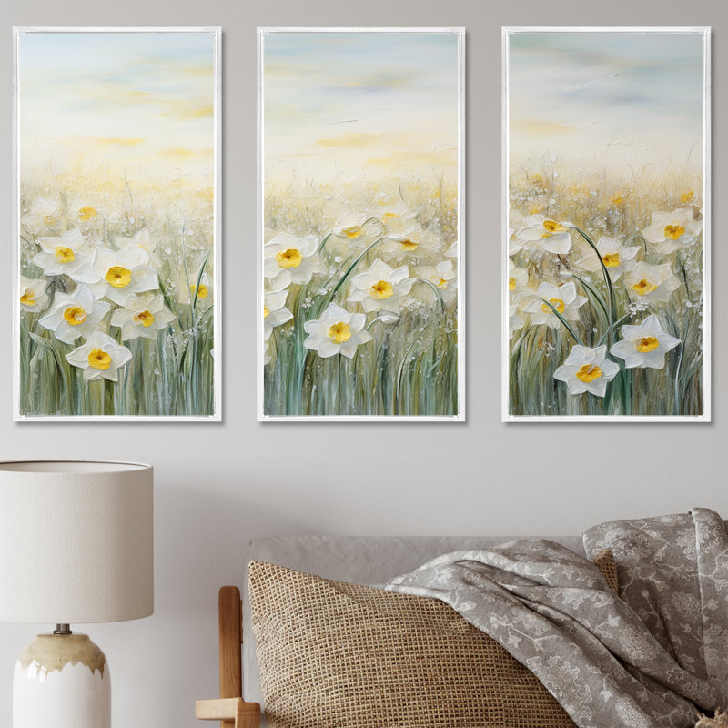 Ensemble de salon Daffodils Tranquility Floral Field III - Flower Field Wall Art, Cadre flottant blanc