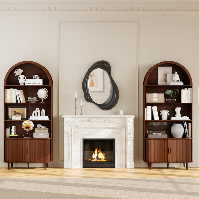 71" Arched Bookshelf, 5-Tier Arch Bookcase with Storage, Modern Farmhouse Book Shelf with Adjustable Shelves ＆Sliding Tambour Doors