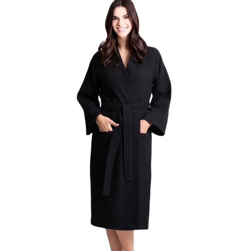 Peignoir pour femmes en mélange de coton long noir de qualité supérieure pour femmes (grand / taille unique), S