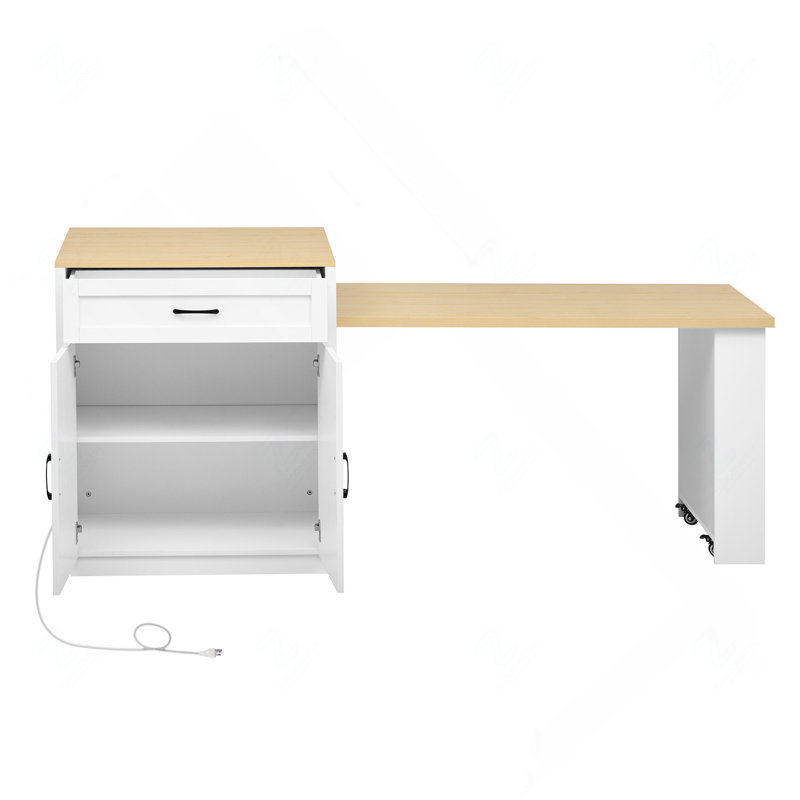 Îlot de cuisine 82,7 po à deux tons avec table de salle à manger extensible pour 4 à 6 personnes, prise de courant et rangement double face, blanc