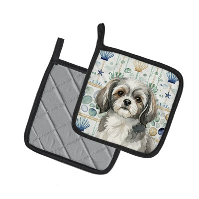 Grey and White Tibetan Spaniel Coastal Sea Glass Pair of Pot Holders