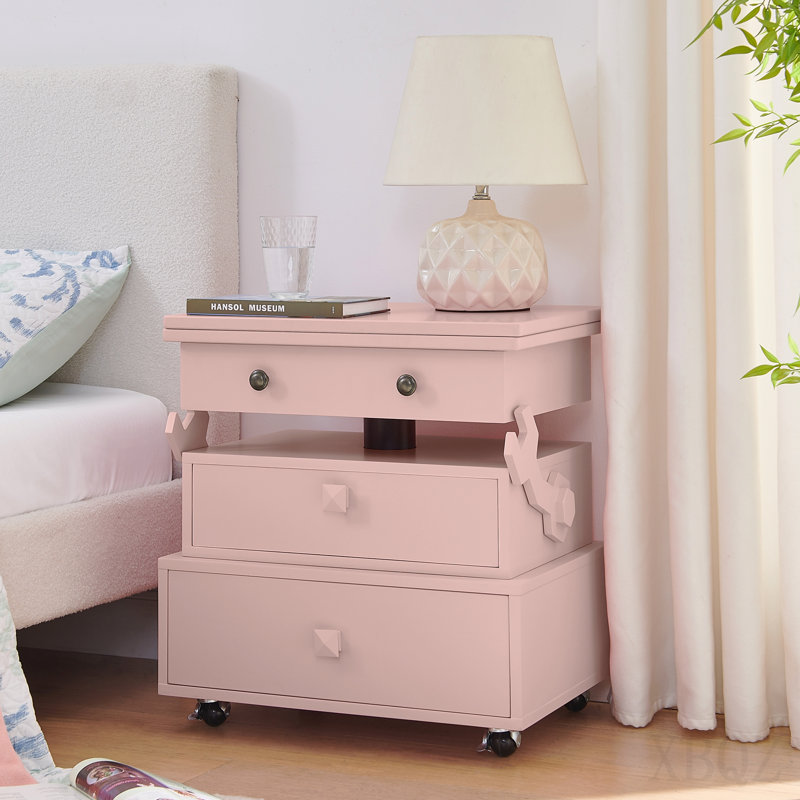 Table de bout roulante à hauteur ajustable laquée ultrabrillante avec station de charge et roues universelles avec freins, table à plateau relevable multifonctionnelle avec tiroirs de rangement pour la chambre à coucher du salon