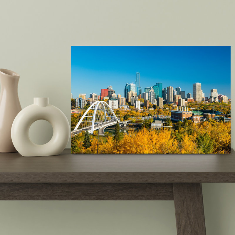 City Skyline In Autumn, Edmonton, Alberta, Canada, art contemporain abstrait, art mural de la ville, H 12 po x l 18 po