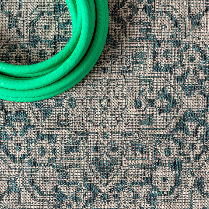 Tapis d'intérieur / extérieur gris / bleu sarcelle Nate Boho, Rond 5 pi 3 po