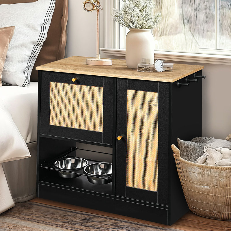 Black Pet Feeding Station With 2 Elevated Bowls, Side Hooks, More Storage Space, Tipping Door, Detachable Tipping, Theme