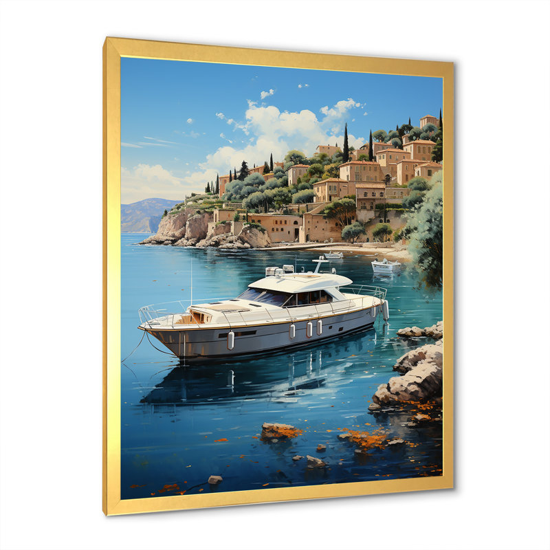 Yacht sur la côte d'azur sur toile, Cadre doré simple, H 32 po x l 16 po x P 1 po